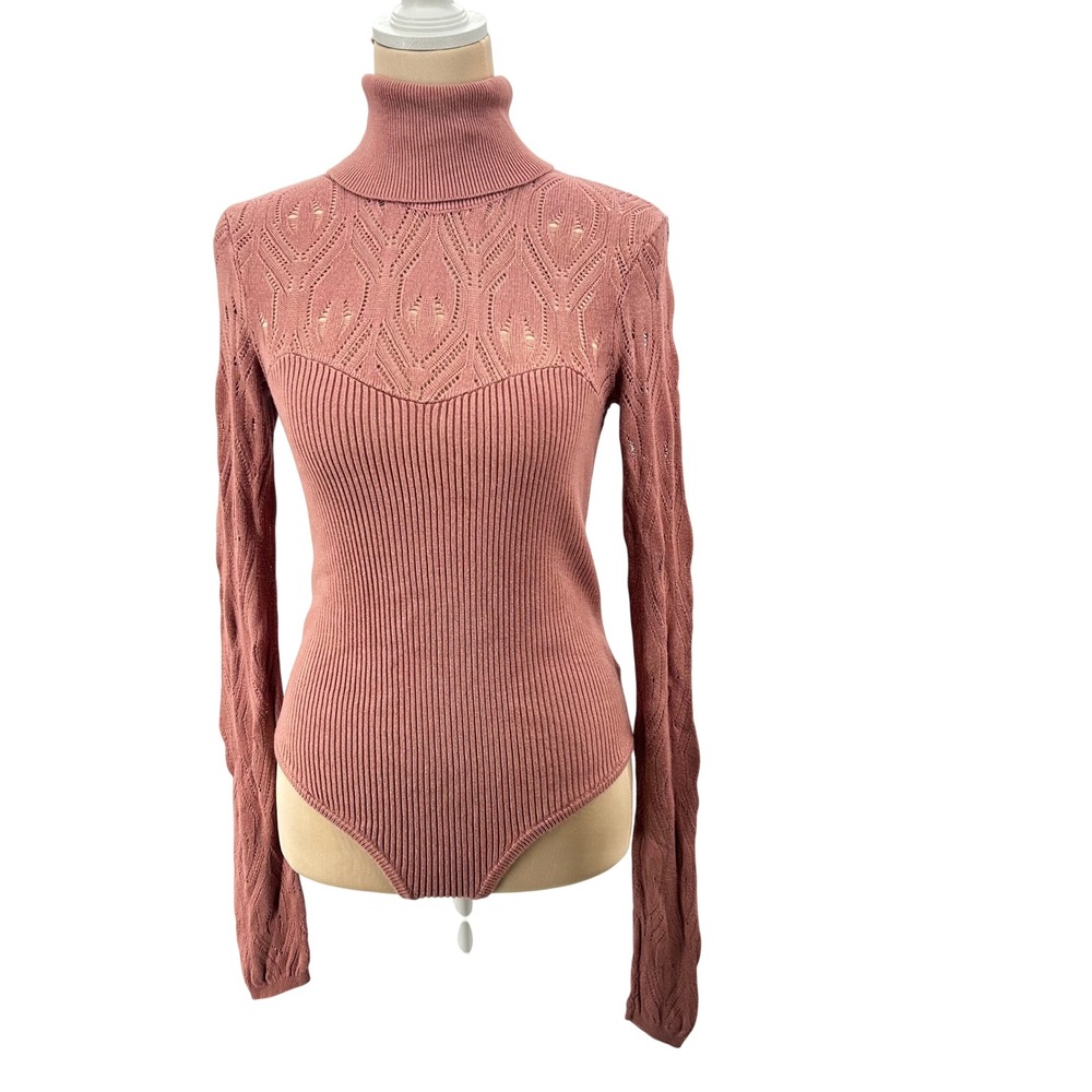 Intimately Free People Pink Pointelle Ribbed Turtleneck Bodysuit Long Sleeve